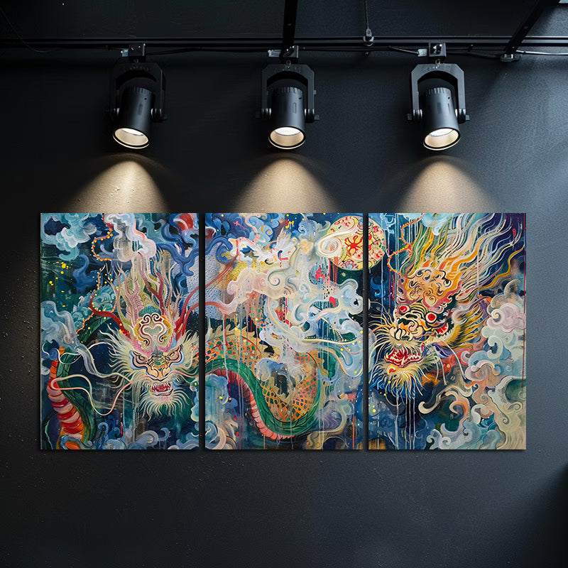 3pcs Dragons Appeared Faintly Amidst The Smoke Wall Art Set Canvas Framed 60x90cm - High Quality Print 100% Australian Made Wall Canvas Ready to Hang - Bella Home Decor