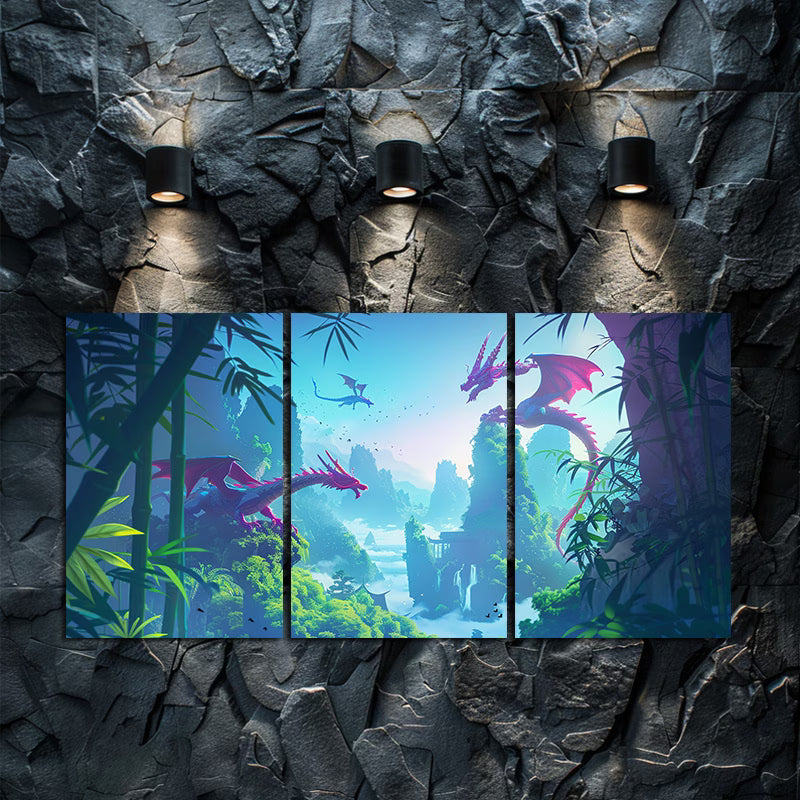 3pcs Dragon and Bamboo Forest Wall Art Set Canvas Framed 60x90cm - High Quality Print 100% Australian Made Wall Canvas Ready to Hang - Bella Home Decor