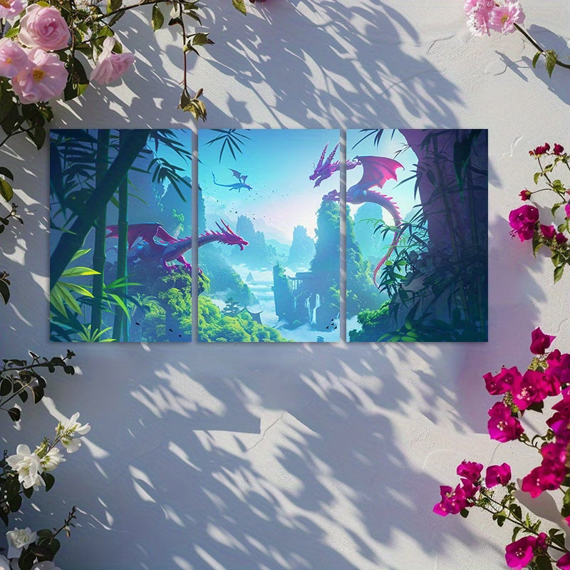 3pcs Dragon and Bamboo Forest Wall Art Set Canvas Framed 50x70cm - High Quality Print 100% Australian Made Wall Canvas Ready to Hang - Bella Home Decor