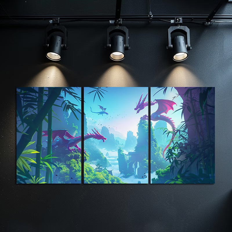 3pcs Dragon and Bamboo Forest Wall Art Set Canvas Framed 50x70cm - High Quality Print 100% Australian Made Wall Canvas Ready to Hang - Bella Home Decor
