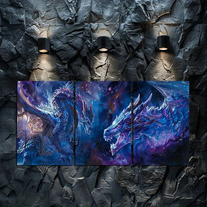 3pcs Fantasy Dragon Mythical Creatures Wall Art Set Canvas Framed 50x70cm - High Quality Print 100% Australian Made Wall Canvas Ready to Hang