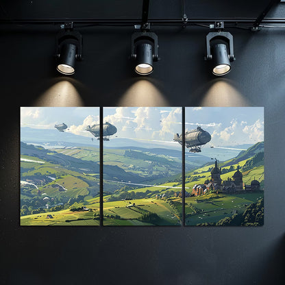 3pcs Green Hills with Structures and Airships Wall Art Set Canvas Framed 60x90cm - High Quality Print 100% Australian Made Wall Canvas Ready to Hang