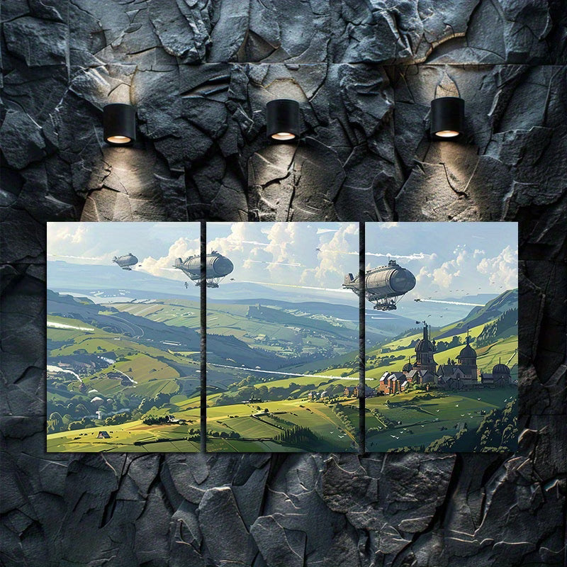 3pcs Green Hills with Structures and Airships Wall Art Set Canvas Framed 40x60cm - High Quality Print 100% Australian Made Wall Canvas Ready to Hang