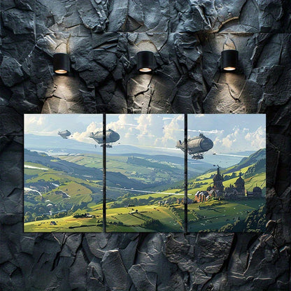 3pcs Green Hills with Structures and Airships Wall Art Set Canvas Framed 60x90cm - High Quality Print 100% Australian Made Wall Canvas Ready to Hang