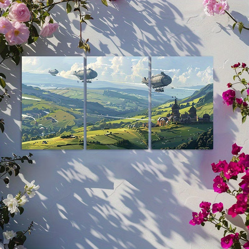 3pcs Green Hills with Structures and Airships Wall Art Set Canvas Framed 40x60cm - High Quality Print 100% Australian Made Wall Canvas Ready to Hang