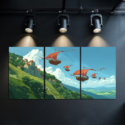 3pcs Green Hills & Airships Illustration Wall Art Set Canvas Framed 50x70cm - High Quality Print 100% Australian Made Wall Canvas Ready to Hang