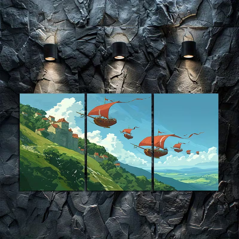 3pcs Green Hills & Airships Illustration Wall Art Set Canvas Framed 40x60cm - High Quality Print 100% Australian Made Wall Canvas Ready to Hang