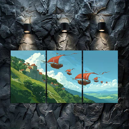 3pcs Green Hills & Airships Illustration Wall Art Set Canvas Framed 40x60cm - High Quality Print 100% Australian Made Wall Canvas Ready to Hang