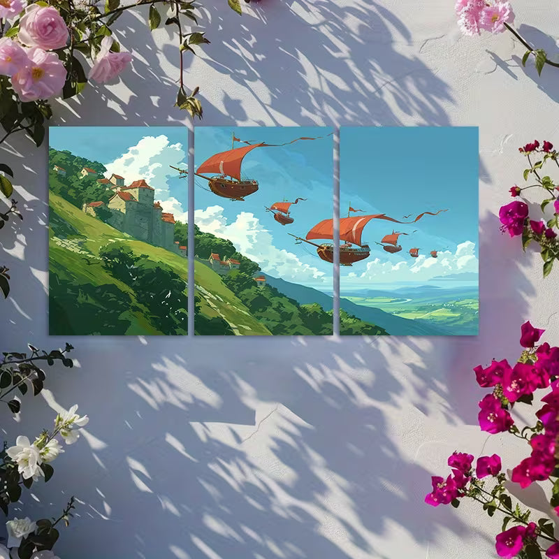 3pcs Green Hills & Airships Illustration Wall Art Set Canvas Framed 60x90cm - High Quality Print 100% Australian Made Wall Canvas Ready to Hang
