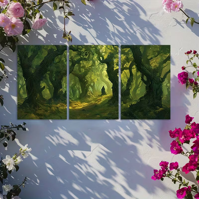 3pcs Green Forest Fairy Tale World Wall Art Set Canvas Framed 50x70cm - High Quality Print 100% Australian Made Wall Canvas Ready to Hang