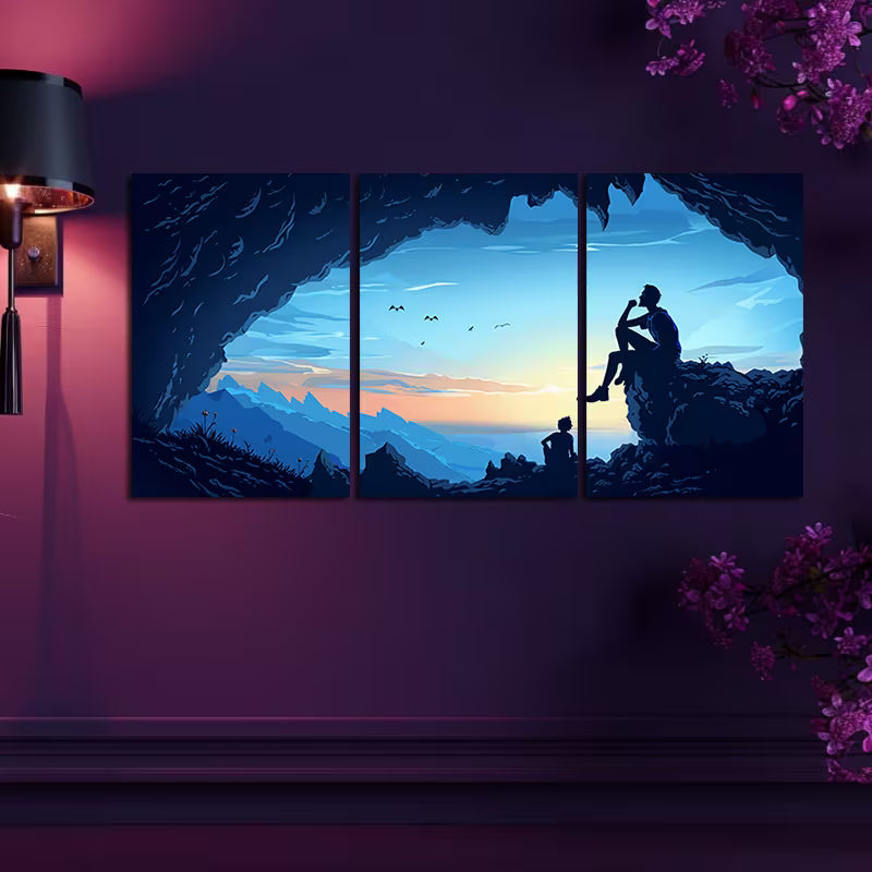 3pcs Underground Cave Beneath a Blue Sky Wall Art Set Canvas Framed 50x70cm - High Quality Print 100% Australian Made Wall Canvas Ready to Hang