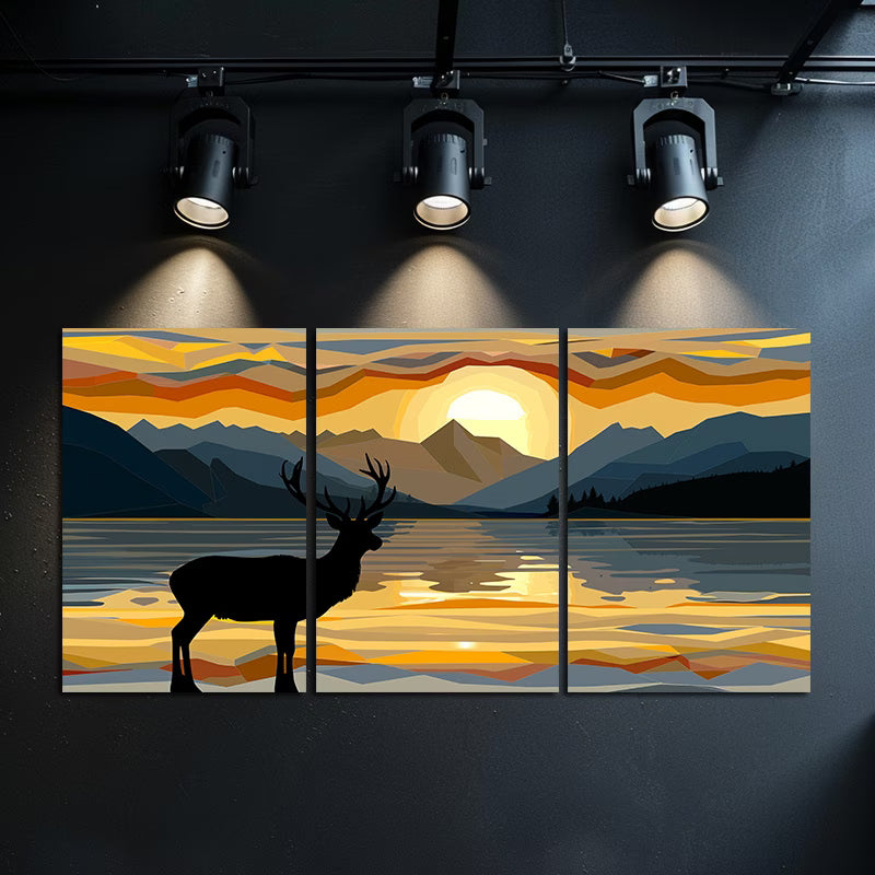 3pcs Sunset Deer and Lake Illustration Wall Art Set Canvas Framed 60x90cm - High Quality Print 100% Australian Made Wall Canvas Ready to Hang