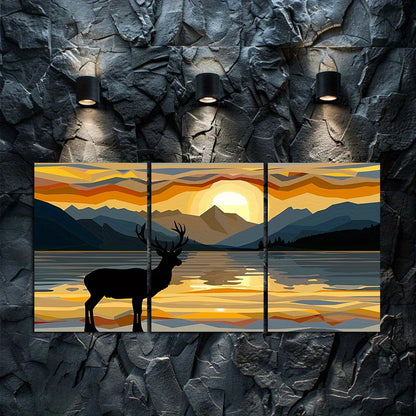 3pcs Sunset Deer and Lake Illustration Wall Art Set Canvas Framed 60x90cm - High Quality Print 100% Australian Made Wall Canvas Ready to Hang
