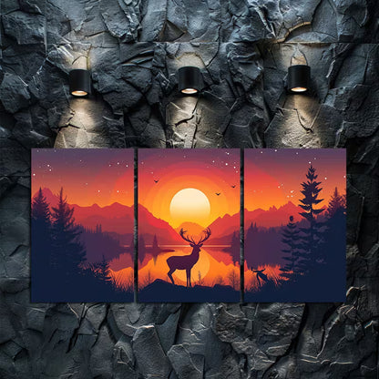 3pcs Deer by a Lake with Mountains at Sunset Wall Art Set Canvas Framed 60x90cm - High Quality Print 100% Australian Made Wall Canvas Ready to Hang - Bella Home Decor