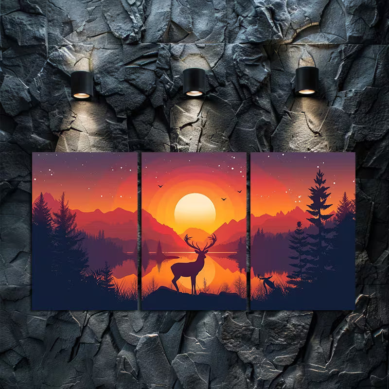 3pcs Deer by a Lake with Mountains at Sunset Wall Art Set Canvas Framed 50x70cm - High Quality Print 100% Australian Made Wall Canvas Ready to Hang - Bella Home Decor