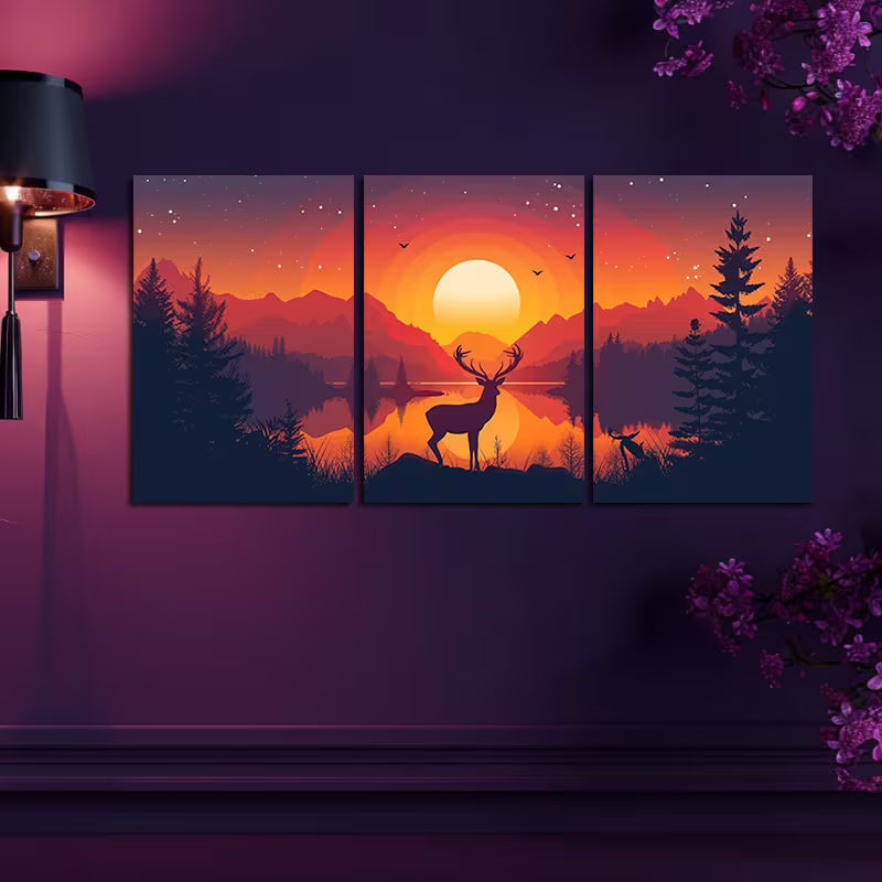 3pcs Deer by a Lake with Mountains at Sunset Wall Art Set Canvas Framed 50x70cm - High Quality Print 100% Australian Made Wall Canvas Ready to Hang - Bella Home Decor