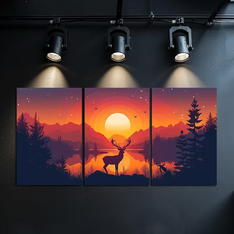 3pcs Deer by a Lake with Mountains at Sunset Wall Art Set Canvas Framed 50x70cm - High Quality Print 100% Australian Made Wall Canvas Ready to Hang - Bella Home Decor