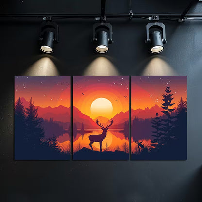 3pcs Deer by a Lake with Mountains at Sunset Wall Art Set Canvas Framed 50x70cm - High Quality Print 100% Australian Made Wall Canvas Ready to Hang - Bella Home Decor