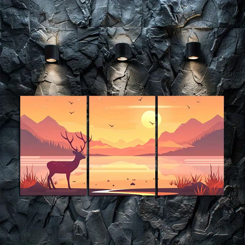 3pcs Illustration of A Deer in Front of A Lake Wall Art Set Canvas Framed 60x90cm - High Quality Print 100% Australian Made Wall Canvas Ready to Hang