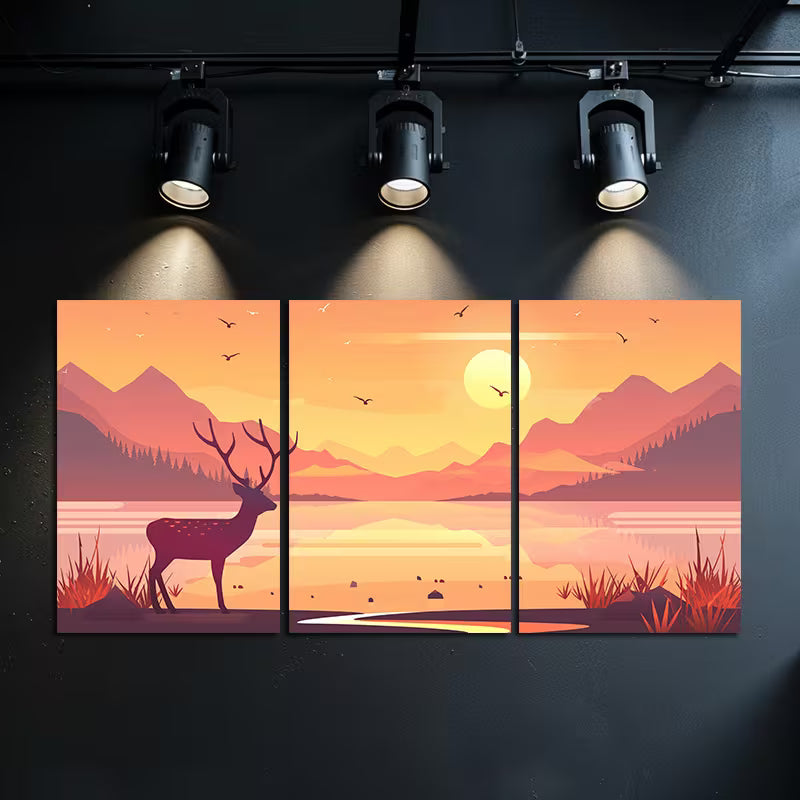 3pcs Illustration of A Deer in Front of A Lake Wall Art Set Canvas Framed 50x70cm - High Quality Print 100% Australian Made Wall Canvas Ready to Hang