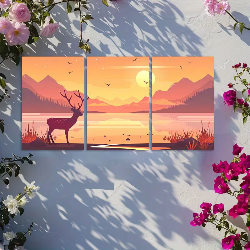 3pcs Illustration of A Deer in Front of A Lake Wall Art Set Canvas Framed 50x70cm - High Quality Print 100% Australian Made Wall Canvas Ready to Hang
