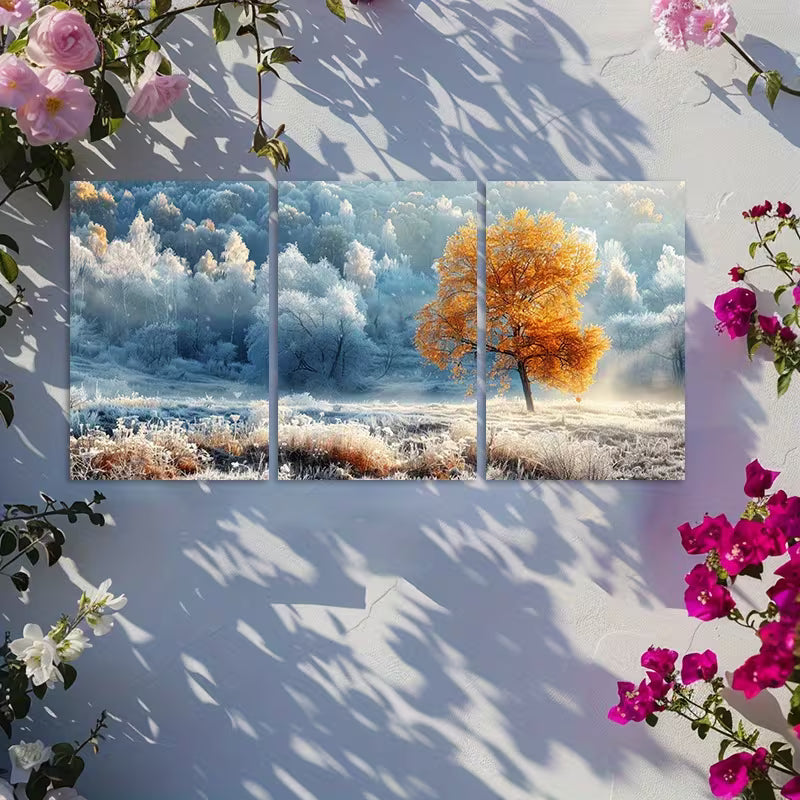 3pcs Frost covered Grassland with Trees in the Background Wall Art Set Canvas Framed 40x60cm - High Quality Print 100% Australian Made Wall Canvas Ready to Hang - Bella Home Decor