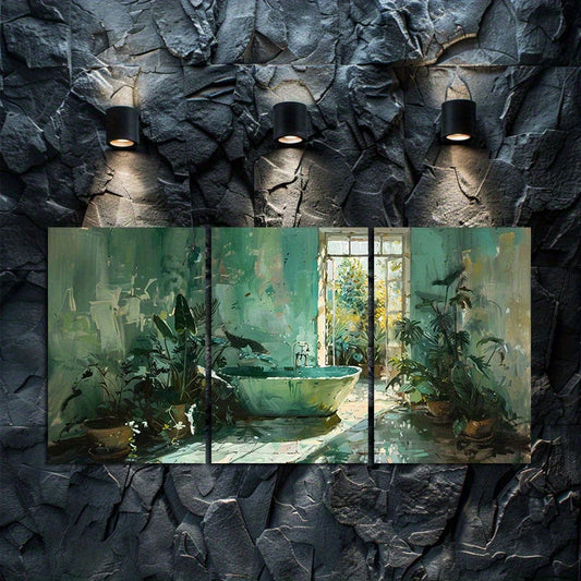 3pcs Green Bathtub, Mint Green Hallway Wall Art Set Canvas Framed 50x70cm - High Quality Print 100% Australian Made Wall Canvas Ready to Hang