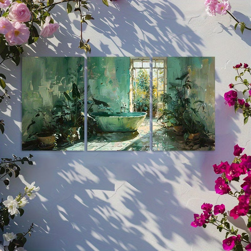 3pcs Green Bathtub, Mint Green Hallway Wall Art Set Canvas Framed 40x60cm - High Quality Print 100% Australian Made Wall Canvas Ready to Hang