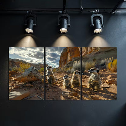 3pcs Meerkats in The Desert with Cute Youngsters Wall Art Set Canvas Framed 60x90cm - High Quality Print 100% Australian Made Wall Canvas Ready to Hang