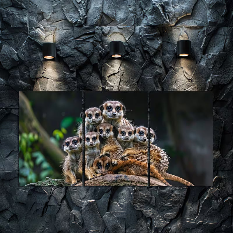 3pcs Meerkats with Their Young on Safari Wall Art Set Canvas Framed 60x90cm - High Quality Print 100% Australian Made Wall Canvas Ready to Hang