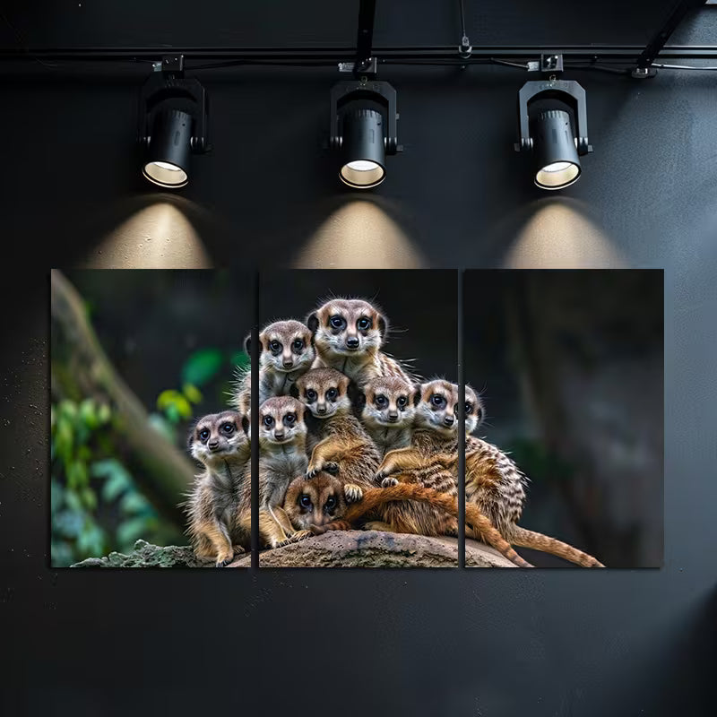 3pcs Meerkats with Their Young on Safari Wall Art Set Canvas Framed 50x70cm - High Quality Print 100% Australian Made Wall Canvas Ready to Hang