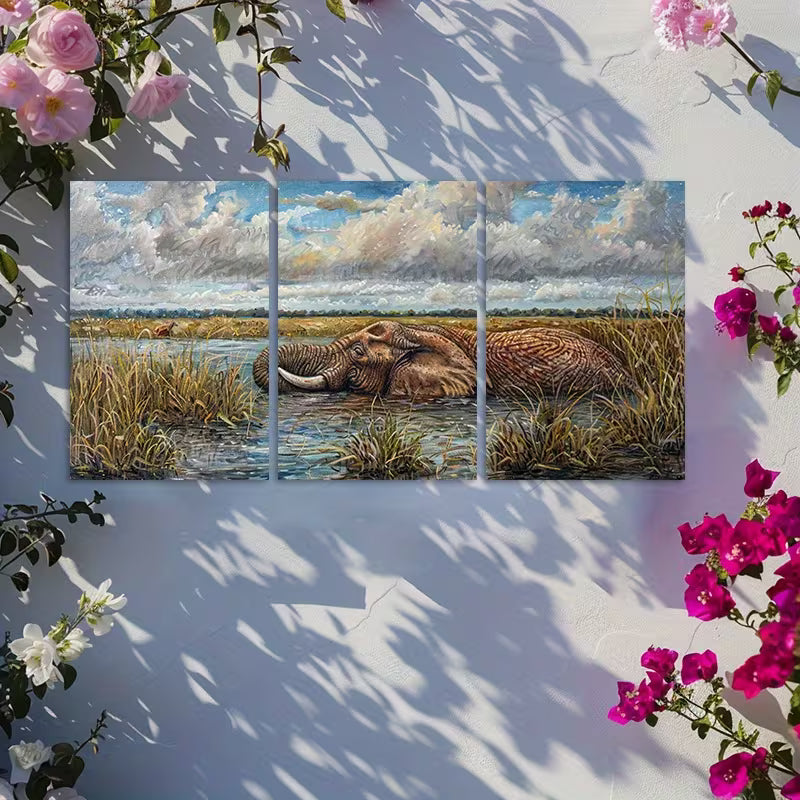 3pcs Elephant Serenity Illustration Wall Art Set Canvas Framed 60x90cm - High Quality Print 100% Australian Made Wall Canvas Ready to Hang