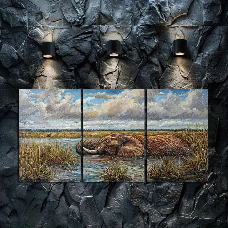 3pcs Elephant Serenity Illustration Wall Art Set Canvas Framed 40x60cm - High Quality Print 100% Australian Made Wall Canvas Ready to Hang