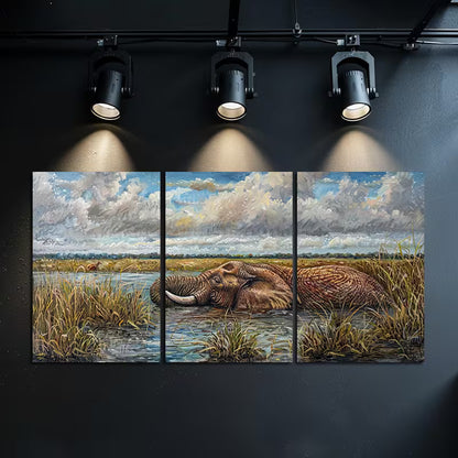 3pcs Elephant Serenity Illustration Wall Art Set Canvas Framed 50x70cm - High Quality Print 100% Australian Made Wall Canvas Ready to Hang