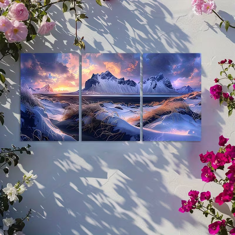 3pcs Serene Iceland Illustration Wall Art Set Canvas Framed 50x70cm - High Quality Print 100% Australian Made Wall Canvas Ready to Hang