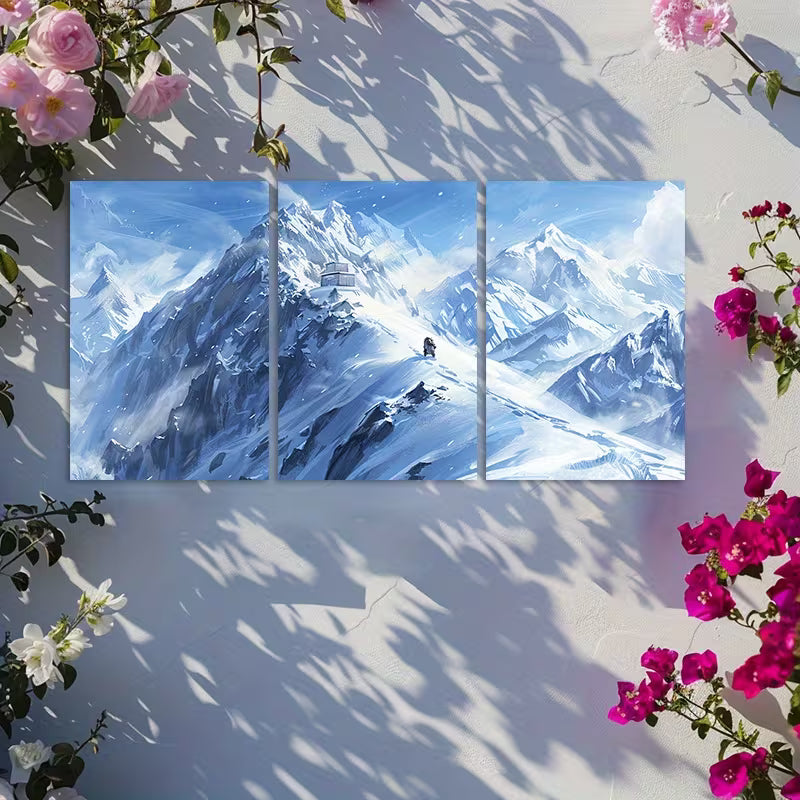 3pcs Illustration of the Top of a Snowy Mountain Wall Art Set Canvas Framed 40x60cm - High Quality Print 100% Australian Made Wall Canvas Ready to Hang