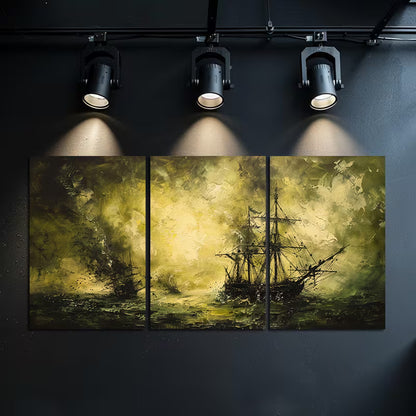 3pcs Sailing Ships in a Stormy Sea Wall Art Set Canvas Framed 50x70cm - High Quality Print 100% Australian Made Wall Canvas Ready to Hang