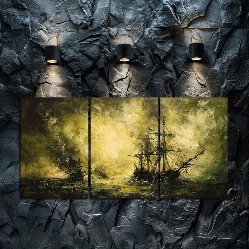 3pcs Sailing Ships in a Stormy Sea Wall Art Set Canvas Framed 40x60cm - High Quality Print 100% Australian Made Wall Canvas Ready to Hang