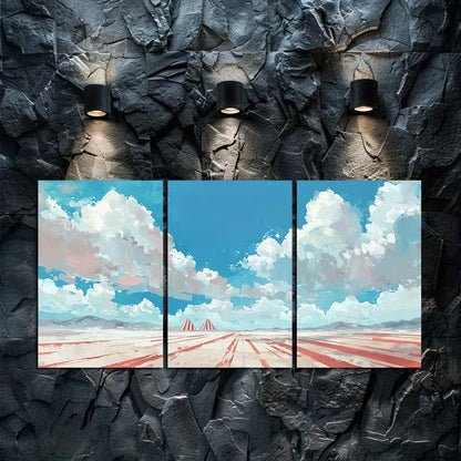 3pcs Red and White Striped Pyramids Rising Wall Art Set Canvas Framed 50x70cm - High Quality Print 100% Australian Made Wall Canvas Ready to Hang