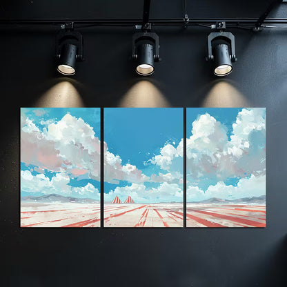 3pcs Red and White Striped Pyramids Rising Wall Art Set Canvas Framed 50x70cm - High Quality Print 100% Australian Made Wall Canvas Ready to Hang