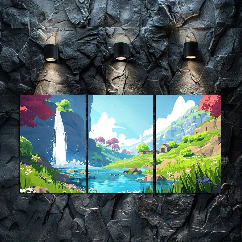 3pcs Style of Lowpoly Video Game Concept Art Wall Art Set Canvas Framed 40x60cm - High Quality Print 100% Australian Made Wall Canvas Ready to Hang