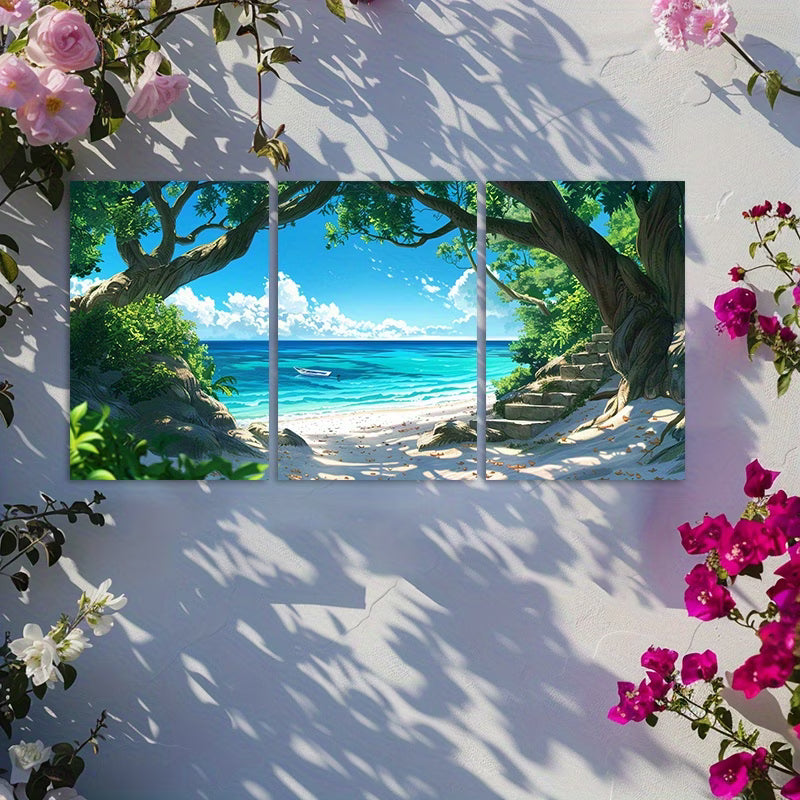 3pcs Japanese Anime Beach & Banyan Tree Wall Art Set Canvas Framed 50x70cm - High Quality Print 100% Australian Made Wall Canvas Ready to Hang