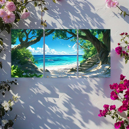3pcs Japanese Anime Beach & Banyan Tree Wall Art Set Canvas Framed 50x70cm - High Quality Print 100% Australian Made Wall Canvas Ready to Hang