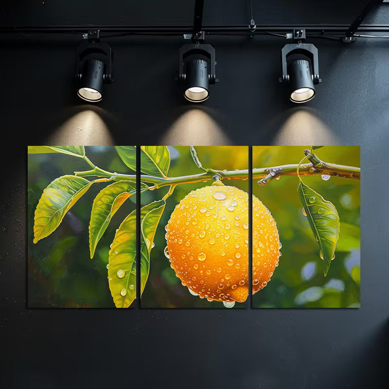 3pcs Lemon with Water  Droplets hanging on Tree Wall Art Set Canvas Framed 60x90cm - High Quality Print 100% Australian Made Wall Canvas Ready to Hang