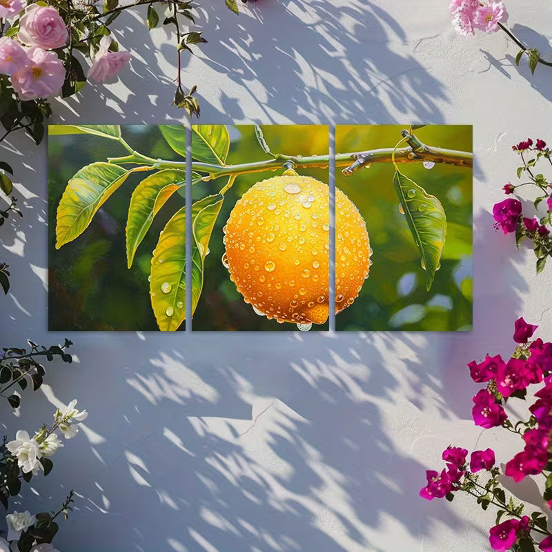 3pcs Lemon with Water  Droplets hanging on Tree Wall Art Set Canvas Framed 50x70cm - High Quality Print 100% Australian Made Wall Canvas Ready to Hang