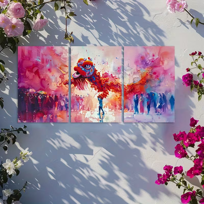 3pcs Lion Dance Blends with The Natural Scenery Wall Art Set Canvas Framed 40x60cm - High Quality Print 100% Australian Made Wall Canvas Ready to Hang