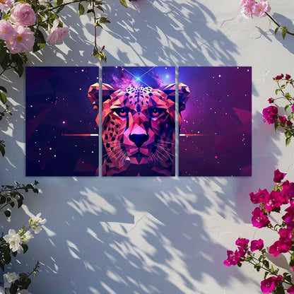 3pcs Geometric Leopard Head in Purple Space Wall Art Set Canvas Framed 40x60cm - High Quality Print 100% Australian Made Wall Canvas Ready to Hang - Bella Home Decor