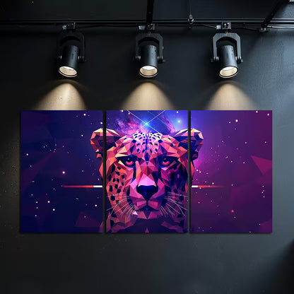3pcs Geometric Leopard Head in Purple Space Wall Art Set Canvas Framed 60x90cm - High Quality Print 100% Australian Made Wall Canvas Ready to Hang - Bella Home Decor