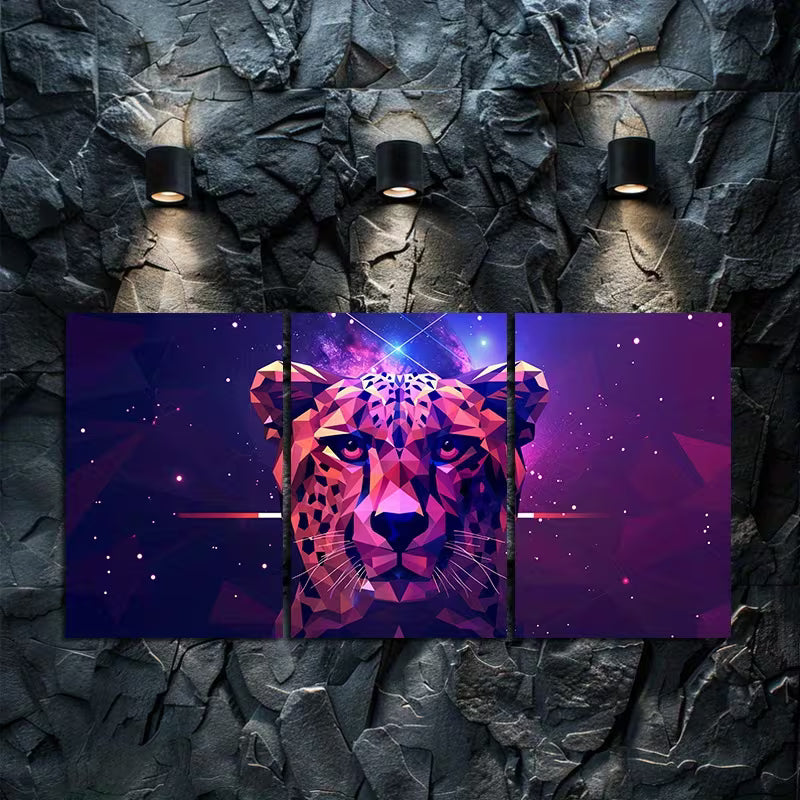 3pcs Geometric Leopard Head in Purple Space Wall Art Set Canvas Framed 40x60cm - High Quality Print 100% Australian Made Wall Canvas Ready to Hang - Bella Home Decor