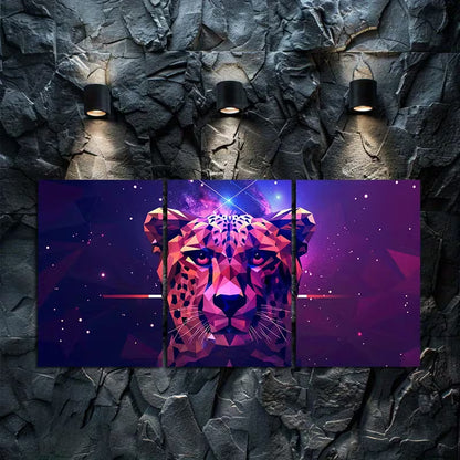 3pcs Geometric Leopard Head in Purple Space Wall Art Set Canvas Framed 50x70cm - High Quality Print 100% Australian Made Wall Canvas Ready to Hang - Bella Home Decor